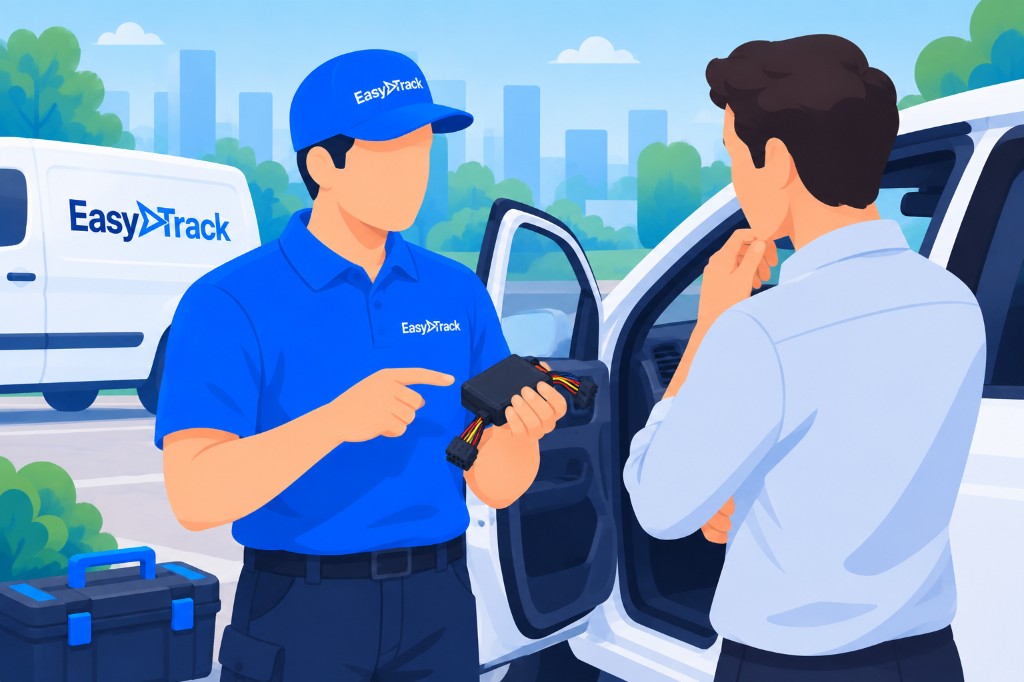 Un technicien EasyTrack présente le boîtier GPS avant l'installation